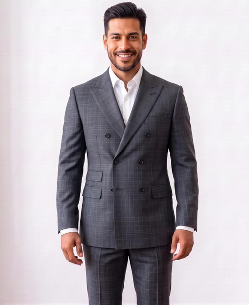 Mens Sharp Double Breasted Wide Lapel Suit Black Plaid DRW-7 