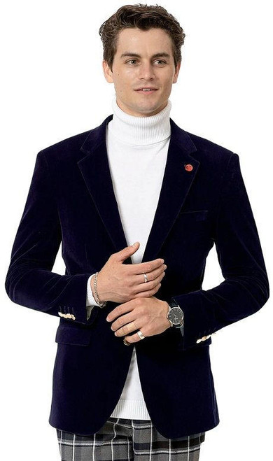  Fashion Blazers Men's Velvet Navy Tailored Fit Jacket EJ Samuel J134 
