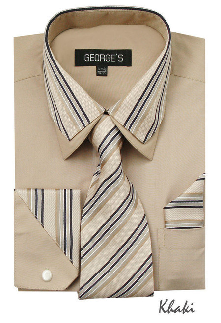  Men's Stylish Khaki Stripe Collar Dress Shirt Tie Combo AH611 