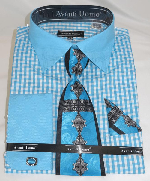  Avanti Uomo Men's Stylish Shirt and Tie Sets Aqua Pattern DN76M 