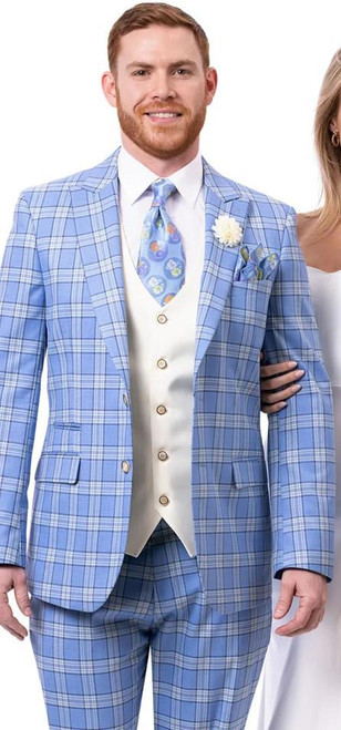 EJ Samuel EJ Men's Plaid Fashion 3 Pc Suit Blue Peak Lapel Tailored Fit M2803 