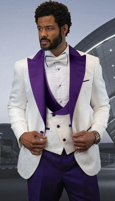  Men's Stylish Purple and White Modern Fit Fashion Tux Statement Hilton 