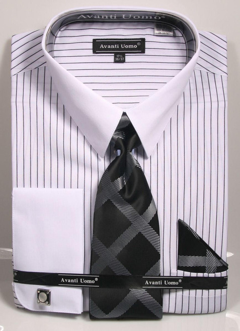  Men's White Black Pinstripe Dress Shirt Tie Set DN84M 