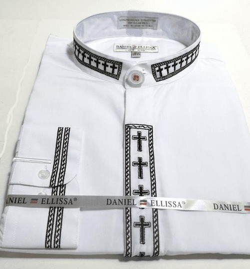  Men's White Mandarin Collar Shirt with Cross Embroidery DS2005C 