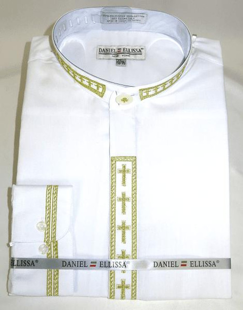  Men's White Mandarin Collar Shirt with Gold Cross Embroidery DS2005C 