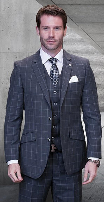  Mens Suit Windowpane 3 Piece Modern Fit Suit Charcoal Roseti 