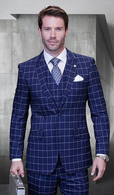  Mens Statement Windowpane Sapphire Modern Fit 3 Piece Suit Pomelo 