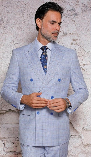  Manzini Double Breasted Suit for Men Blue Windowpane Modern Fit Roxbury 