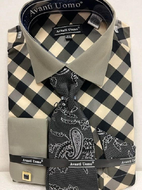  Mens Black Diagonal Checker Dress Shirt Set French Cuff Gift Set DN100M 