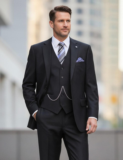  Mens Black Fine Pinstripe Suit 3 Piece Business Fit Vinci V2RS-7 