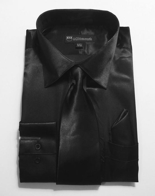  Mens Black Satin Dress Shirt Tie Set Entertainer DE 3012 