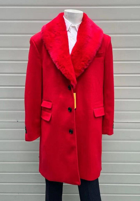  Mens Red Fur Collar Wool Car Coat Overcoat Car-Coat Alberto IS 