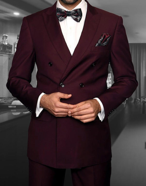  Double Breasted Burgundy Suit for Men Flat Front Slacks Vinci DC900-1 