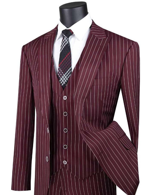  Men's 1920s Burgundy Gangster Stripe Suit with Vest Vinci V2RS-9 
