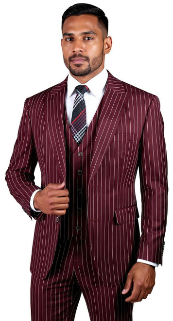 Men's 1920s Burgundy Gangster Stripe Suit with Vest Vinci V2RS-9