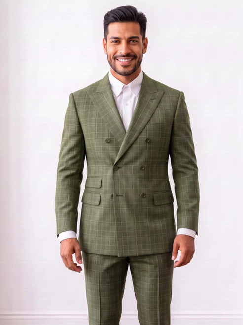  Mens Sharp Double Breasted Wide Lapel Suit Olive Plaid DRW-7 