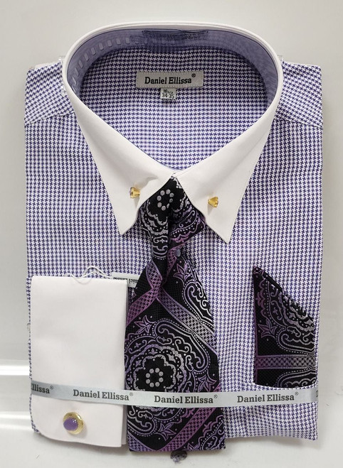 DE Mens Lavender Houndstooth Collar bar Shirt French Cuff Tie with Handkerchief Combo DS3835P2