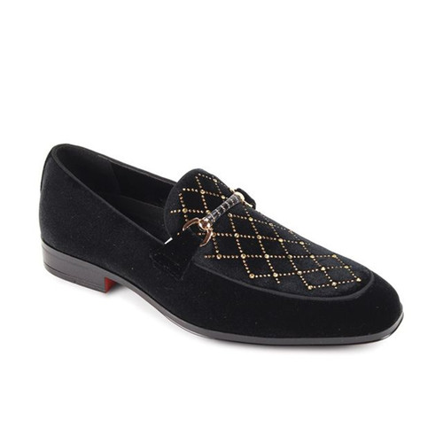Mens Black Gold Velvet Fancy Embellished Loafers Slip On Val