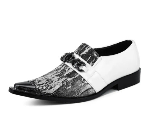 Amali Mens Metal Tip Exotic Club Shoes White Silver Slip On Nevil