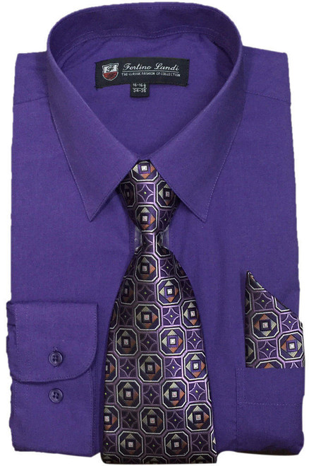  Mens Dress Shirts Tie Set Purple Color Long Sleeve Fortini SG21B 