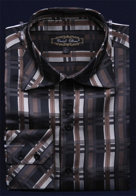  Mens High Collar Fashion Shirts Shiny Black Pattern DE FSS1410 
