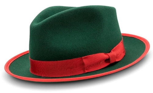  Mens Felt Hat Green Red Fedora 2 1/2 inch wide brim Montique H83 