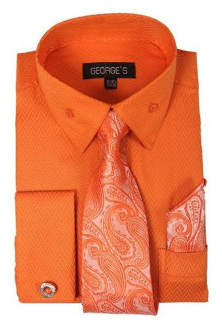  Mens French Cuff Dress Shirt - Tie Hankie Combo Orange AH619 