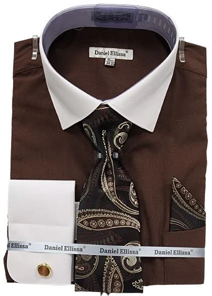 Mens French Cuff Two Tone Shirt With Tie Set Brown DS3825P2