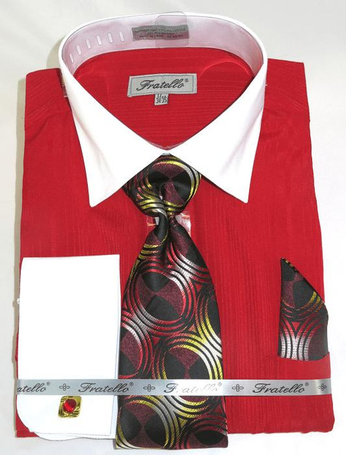  Mens French Cuff Shirt Tie Set Red Shadow Stripe Fratello FRV4140P2 