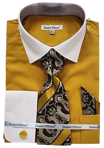 Mens French Cuff Two Tone Shirt With Tie Set Mustard DS3825P2
