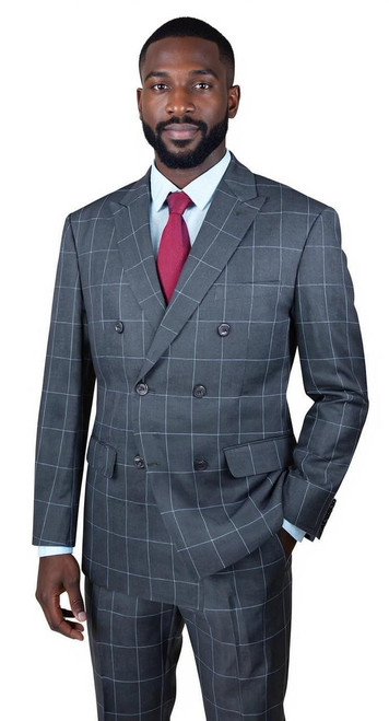 Vinci Double Breasted Windowpane Suit Gray Checkered Modern Fit Vinci MDW-1 