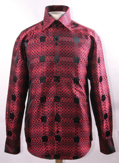  Mens High Collar Shirt Shiny Red Fancy Cube Pattern Flashy ClubFSS1421 