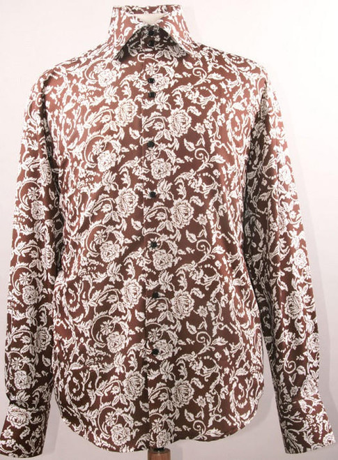  Mens High Collar Shirts Brown Fancy Shiny Floral Pattern FSS1418 