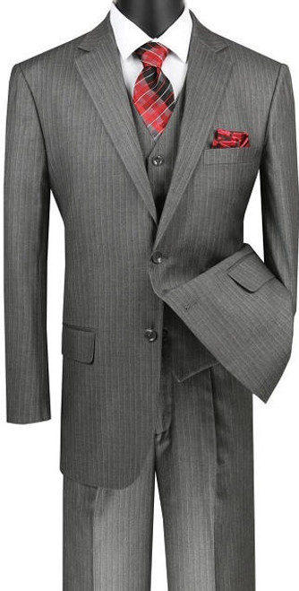  Gray Fine Pinstripe Mens Suit 3 Piece Regular Fit Vinci V2RS-7 