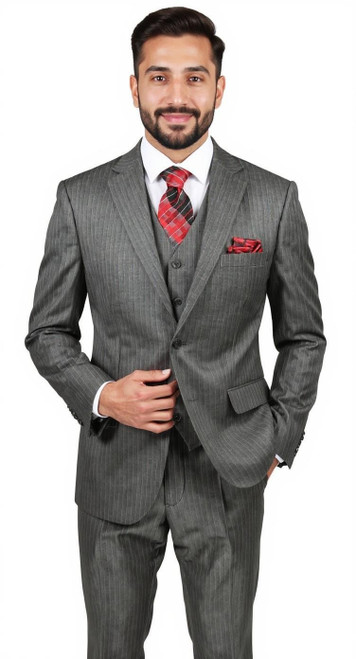 Gray Fine Pinstripe Mens Suit 3 Piece Regular Fit Vinci V2RS-7