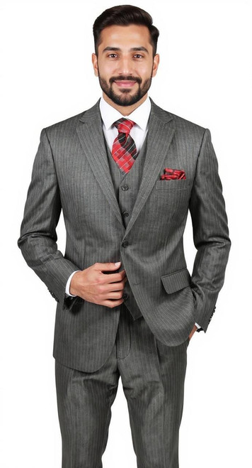  Gray Fine Pinstripe Mens Suit 3 Piece Regular Fit Vinci V2RS-7 