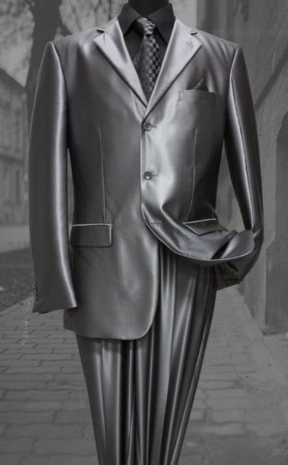  Mens Metallic Silver Sharkskin Suit 3 Button Fortini 58025 