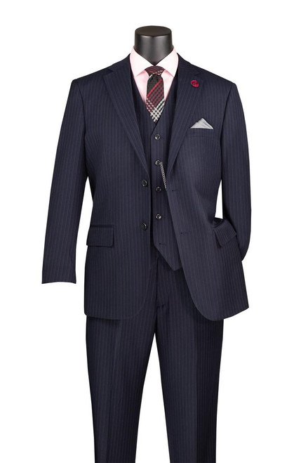 Vinci Mens Navy Fine Pinstripe 3 Piece Suit Regular Fit Vinci V2RS-7 