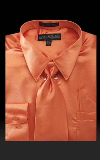  Satin Shirt Men Orange Shiny Silky Tie Combination DE 3012 