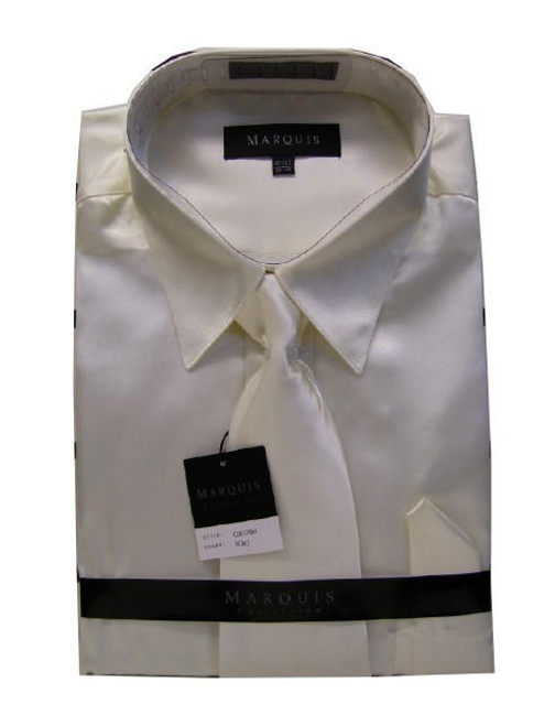  Satin Shirt Men Ivory Shiny Silky Tie Set DE 3012 