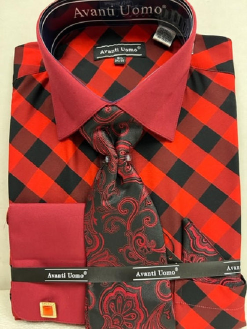  Mens Red Diagonal Checker Dress Shirt Set French Cuff Gift Set DN100M 