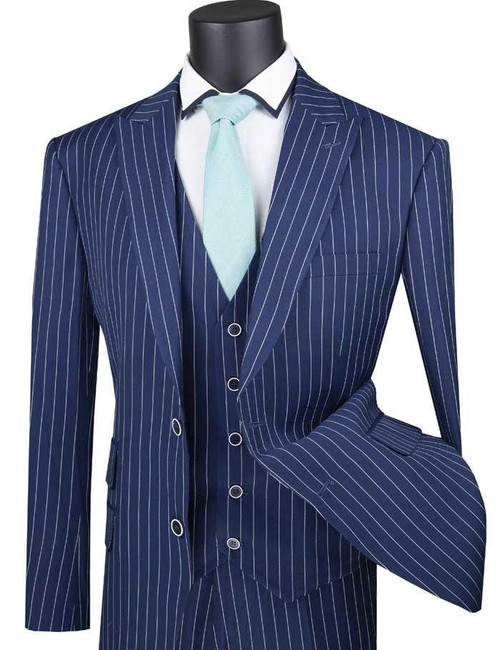  Men's 1920s Blue Gangster Stripe Suit with Vest Vinci V2RS-9 