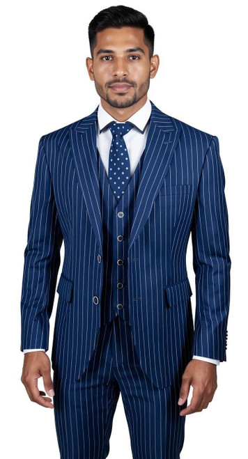 Men's 1920s Blue Vintage Stripe Suit with Vest Vinci V2RS-9