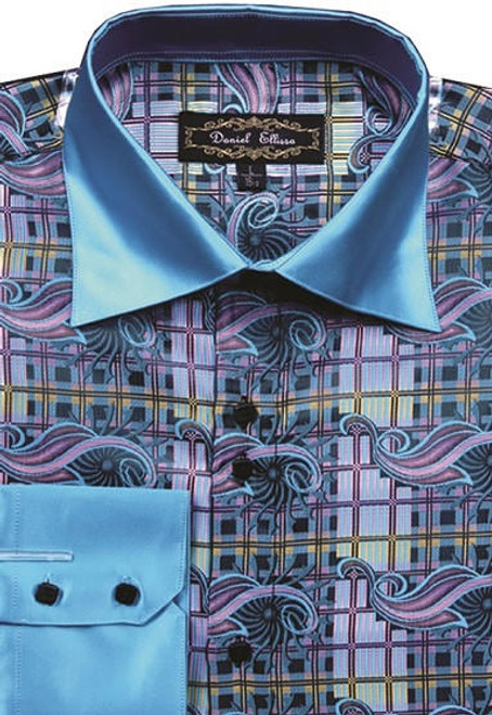  Mens High Collar Shirts Teal DE Bold Pattern FSS1406 