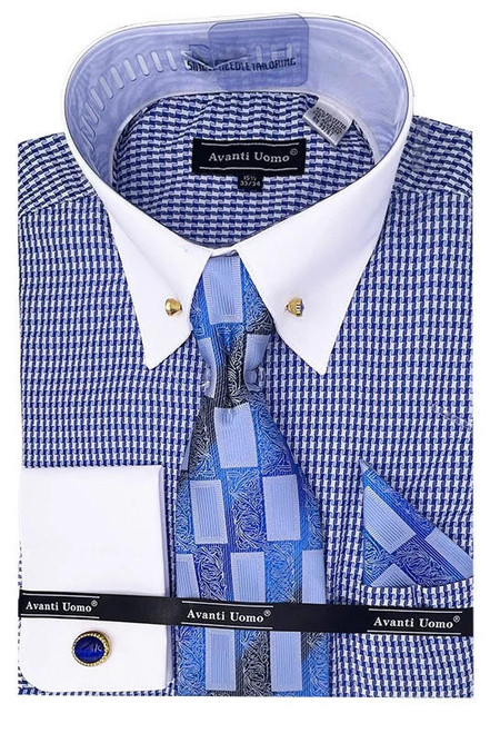  DE Mens Blue Houndstooth Collar bar Shirt French Cuff Tie with Handkerchief Combo DN101M 