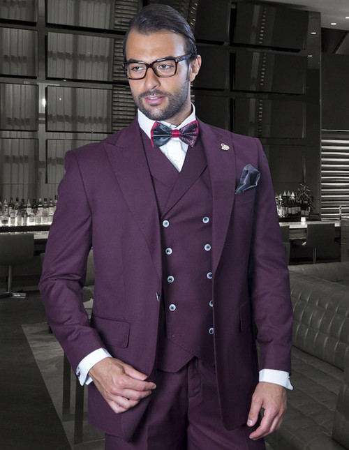  Statement Wool Suit Mens 3 Piece Burgundy Double Breasted Vest Florence 