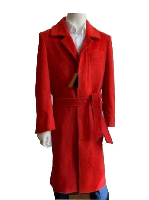  Topcoat - Mens Red Wool Belted Overcoat Long Coat Full Length Belt-Coat IS 