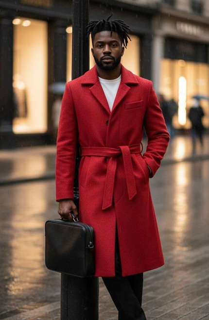  Topcoat - Mens Red Wool Belted Overcoat Long Coat Full Length Belt-Coat IS 
