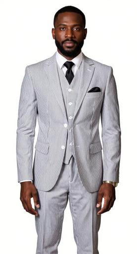  Fortino Men's Seersucker Summer Suit 3 Piece Black ST702 Size 54R Final Sale 