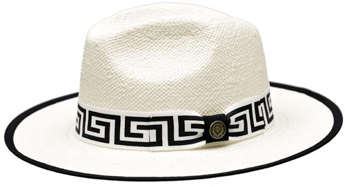  Bruno Capelo Men's White Greek Key Wide Brim Straw Fedora Hat VA404 